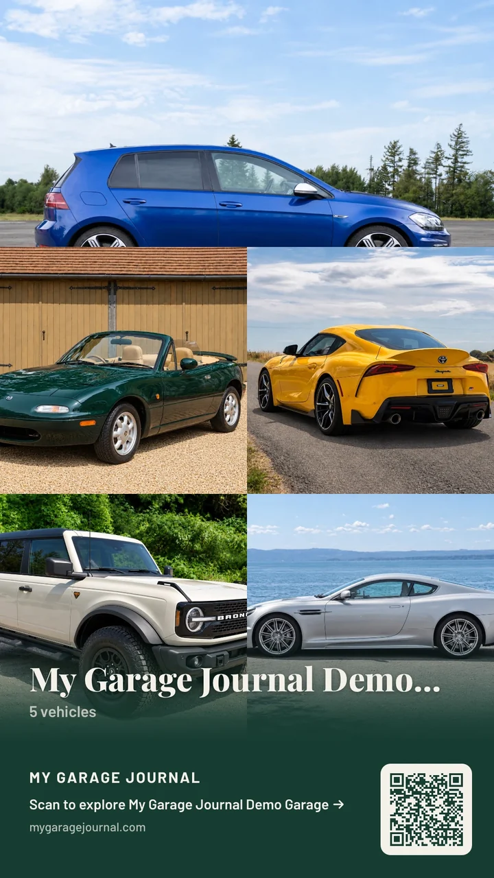 Una card storia Instagram del garage demo di My Garage Journal, con Golf R, MX-5, Supra, Bronco e DBS e un codice QR per esplorare il garage