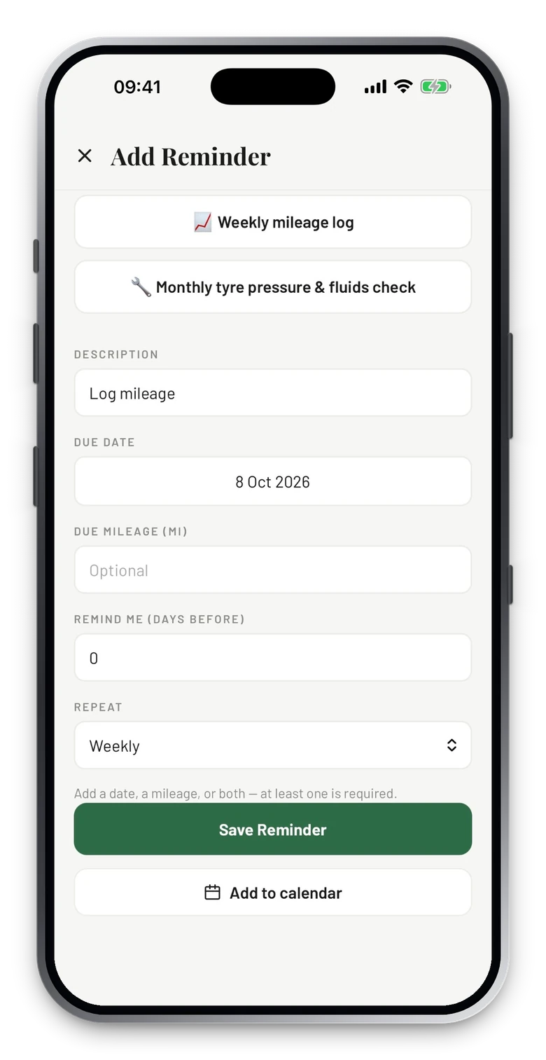 Aggiunta di un promemoria settimanale in My Garage Journal su un iPhone, con scelte rapide per il chilometraggio e il controllo di pneumatici e liquidi, una scadenza e una ripetizione