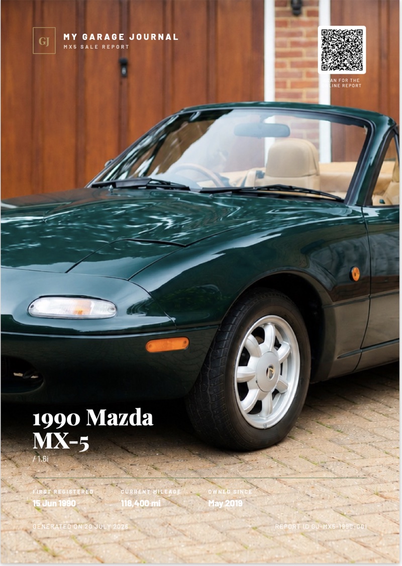 A generated sales report summarising a vehicle's full history